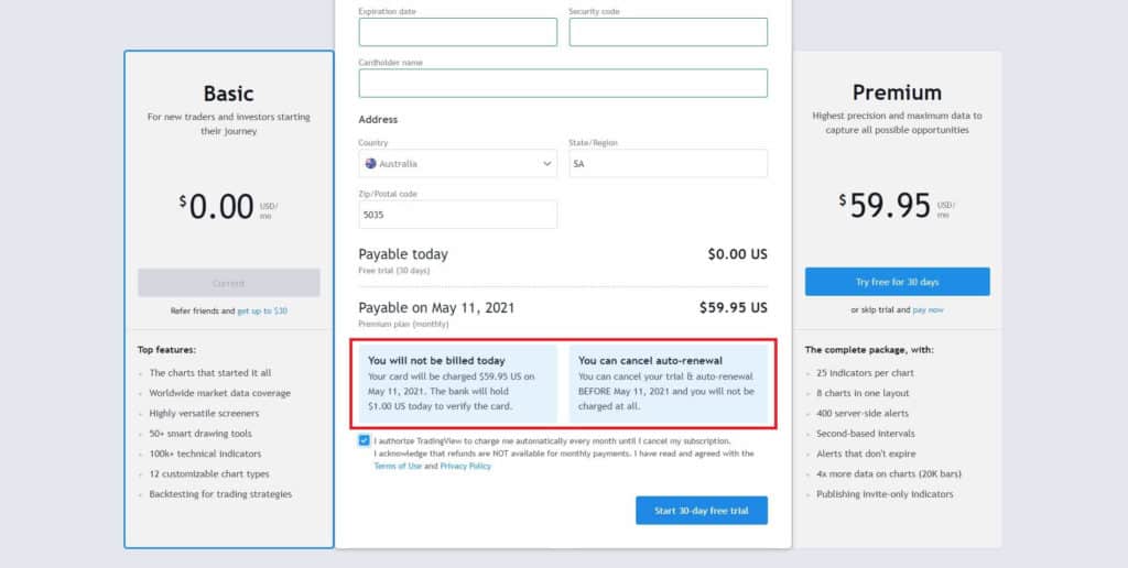 Tradingview trial billing page