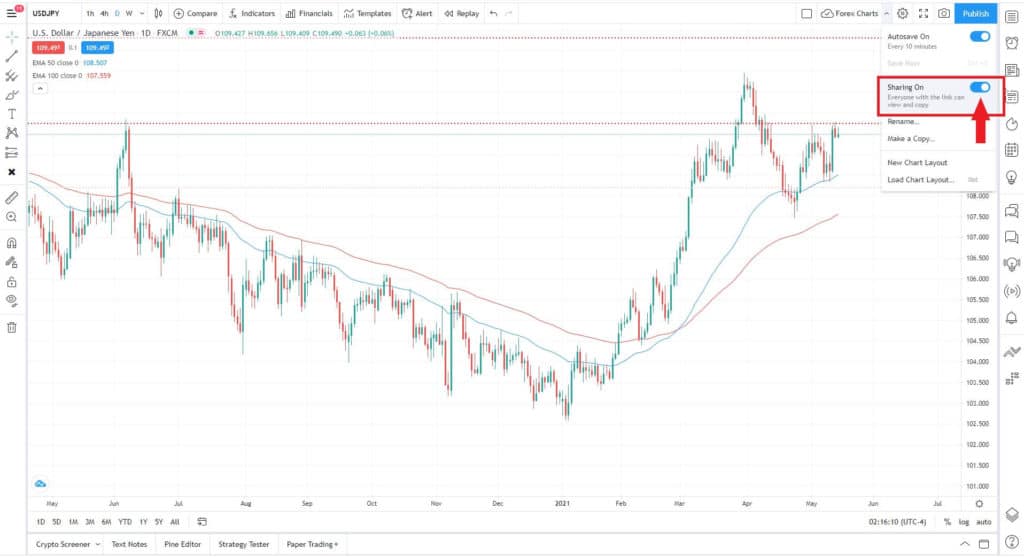 How do you share a Tradeview chart?

How do I enable chart layout sharing in TradingView?
