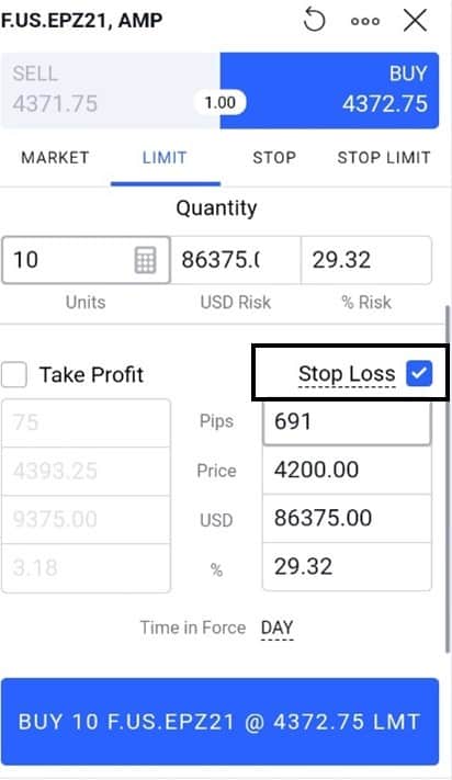 select stop loss in tradingview